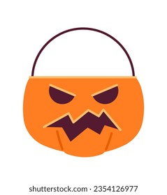 Halloween pumpkin basket semi flat colour vector object. Candy bucket. Jack o lantern container. Editable cartoon clip art icon on white background. Simple spot illustration for web graphic design