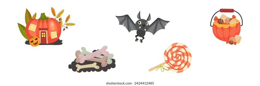 Halloween mit Kürbis, Fledermaus, Süßigkeiten und Knochen Vektor-Set