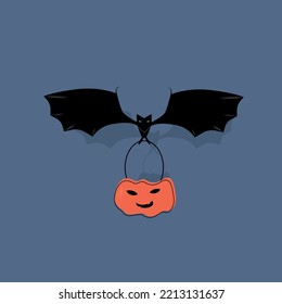 Halloween pumpkin and bat, the evil bat is flying and taking a pumpkin, orange evil pumpkin, Halloween poster.