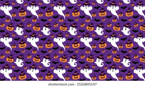 Halloween pumpkin, bat and ghost, pattern, repeat, for backgrounds, textures, fabrics, papers