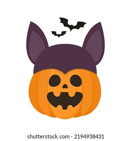 Halloween pumpkin with bat hat costume. Orange Jack O Lantern pumpkin  isolated on white background.