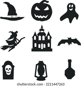 Halloween pumpkin, bat, house, and hat