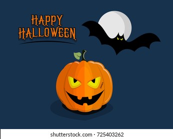 Halloween pumpkin with a bat and moon on a dark blue background