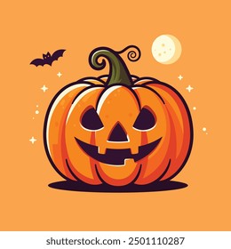 Calabaza de Halloween con el murciélago y la luna situada en la Imagen de Vector de fondo naranja