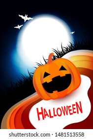 Halloween pumpkin and bat on green backgrounds- Flat lay and digital craft style vector - Banner template with copy space