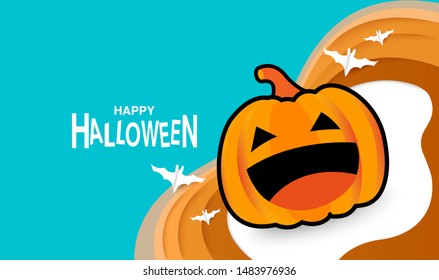 Halloween pumpkin and bat on green backgrounds- Flat lay and digital craft style vector - Banner template with copy space