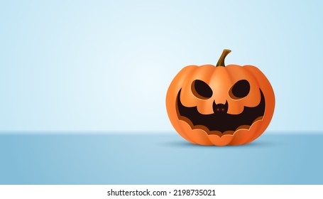 Halloween pumpkin and bat on a light background.