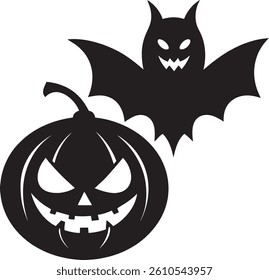 Halloween pumpkin and bat silhouette vector