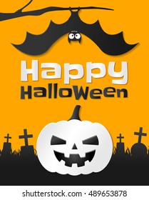 Halloween pumpkin and bat with tombstone background for halloween card design