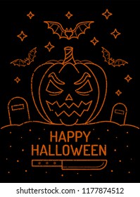 Halloween pumpkin and bat. Used for poster, banner, web, t-shirt print. Hand drawn vector illustration.