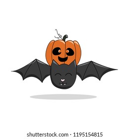 Halloween pumpkin with a bat. Vector illustration in a cartoon style,isolated on blue background. Elements for your Halloween,vector Illustrations for Hallow