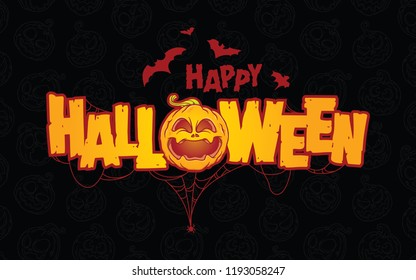 halloween Pumpkin Bat web spider vector doodle illustration black background.