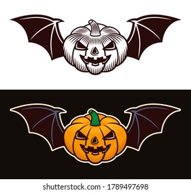 Halloween pumpkin with bat wings in two styles black on white and colorful on dark background vector illustration