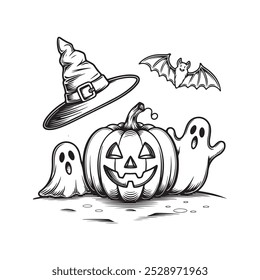 Halloween pumpkin with bats doodle vector illustration on white background