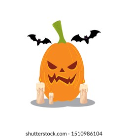halloween pumpkin with bats flying and candles