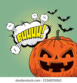 halloween pumpkin with bats flying and cloud pop art style vector illustration design