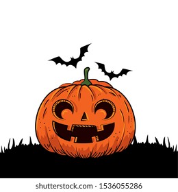halloween pumpkin with bats flying pop art style vector illustration design