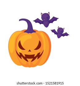 halloween pumpkin with bats flying vector illustration design
