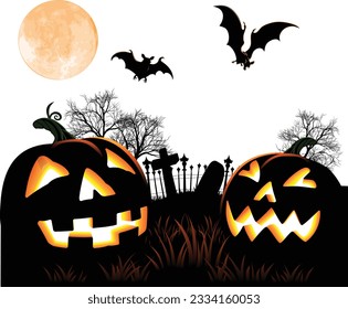 A Halloween pumpkin and bats graveyard background