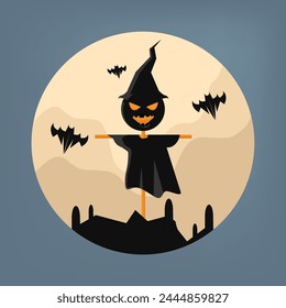 Calabaza de Halloween con murciélagos y fondo de luna. ilustración de calabaza linda y aterradora.