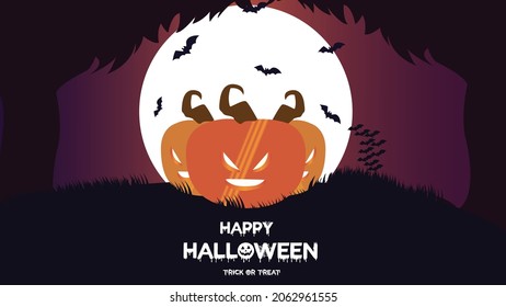 Halloween pumpkin with bats and moon, Spooky Halloween night holiday
