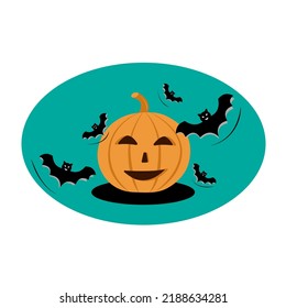 Halloween pumpkin with bats on blue background. Sticker, flyer, postcard, logo, emblem, poster, t-shirt, item. 