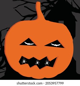 Halloween pumpkin with bats and spiders, Halloween background vector.