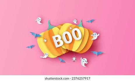 Halloween pumpkin with bats, spiders, ghosts and calligraphy of BOO. Halloween festival. Graphic design for Halloween. paper cut and craft style. vector, illustration.