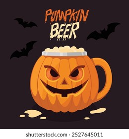 Halloween pumpkin beer mug with bats illustration, halloween spooky party night concept vector art