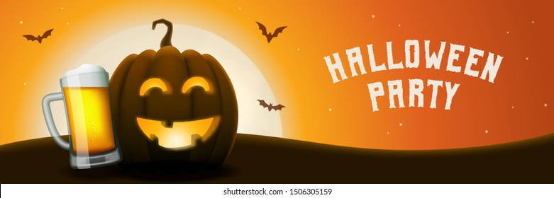 Halloween pumpkin beer party banner. Drunk Jack-o-lantern with beer mug. Scary background with moon and flying bats at night. Vector greeting card or invitation to a party