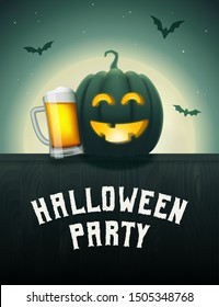 Halloween pumpkin beer party poster. Drunk Jack-o-lantern with beer mug. Scary background with moon and flying bats at night. Vector greeting card or invitation to a party