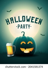 Halloween pumpkin beer party poster. Drunk Jack-o-lantern with beer mug. Scary background with moon and flying bats at night. Vector greeting card or invitation to a party	