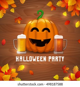 Halloween pumpkin beer party. Vector drunk pumpkin with two mugs of craft beer on fallen leaves background