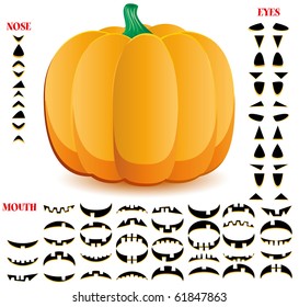 Halloween pumpkin with big set of mouths, eyes and noses for Jack O`Lantern face, part 10, vector illustration