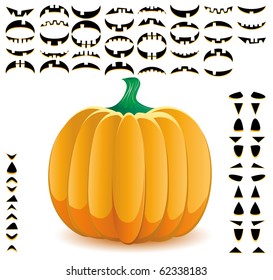 Halloween pumpkin with big set of mouths, eyes and noses for Jack O`Lantern face, part 9, vector illustration