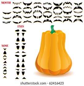 Halloween pumpkin with big set of mouths, eyes and noses for Jack O`Lantern face, part 12, vector illustration