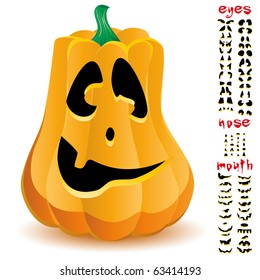 Halloween pumpkin with big set of mouths, eyes and noses for Jack O`Lantern face, part 16, vector illustration