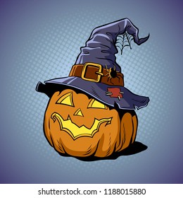Halloween pumpkin in a big witch pointed hat. Vector comic illustration.
