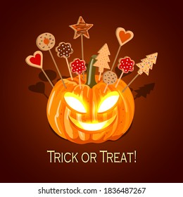 Halloween pumpkin with biscuits for children. Vector illustration on dark background