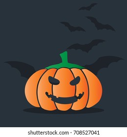 Halloween pumpkin with black bat on gray background holiday concept.