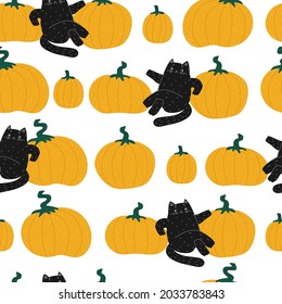 halloween pumpkin black cartoon cat seamless pattern. the cat and the autumn harvest. Leaf fall. Stock vector illustration on a white background.
