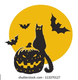 Halloween pumpkin, black cat, bats and moon