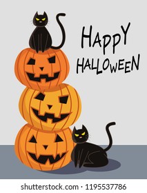 Halloween Pumpkin with black cat cartoon character design for card banner background.