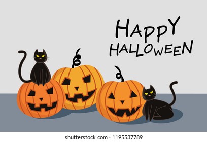 Halloween Pumpkin with black cat cartoon character design for card banner background.