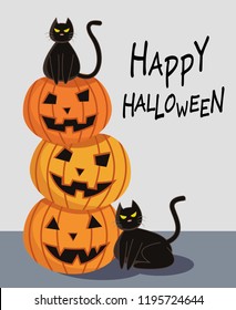 Halloween Pumpkin with black cat cartoon character design for card banner background.