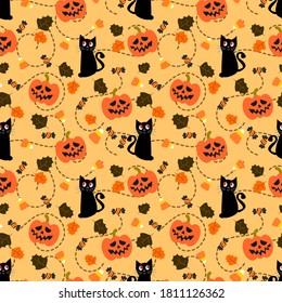 Halloween pumpkin and black cat seamless pattern