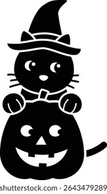 Halloween pumpkin with black cat Silhouette isolated.
Cute black cat flat cartoon vector illustration. 
Transparent background.