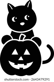 Halloween pumpkin with black cat Silhouette isolated.
Cute black cat flat cartoon vector illustration. 
Transparent background.