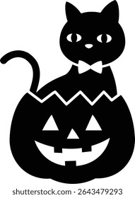 Halloween pumpkin with black cat Silhouette isolated.
Cute black cat flat cartoon vector illustration. 
Transparent background.