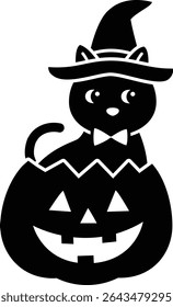 Halloween pumpkin with black cat Silhouette isolated.
Cute black cat flat cartoon vector illustration. 
Transparent background.